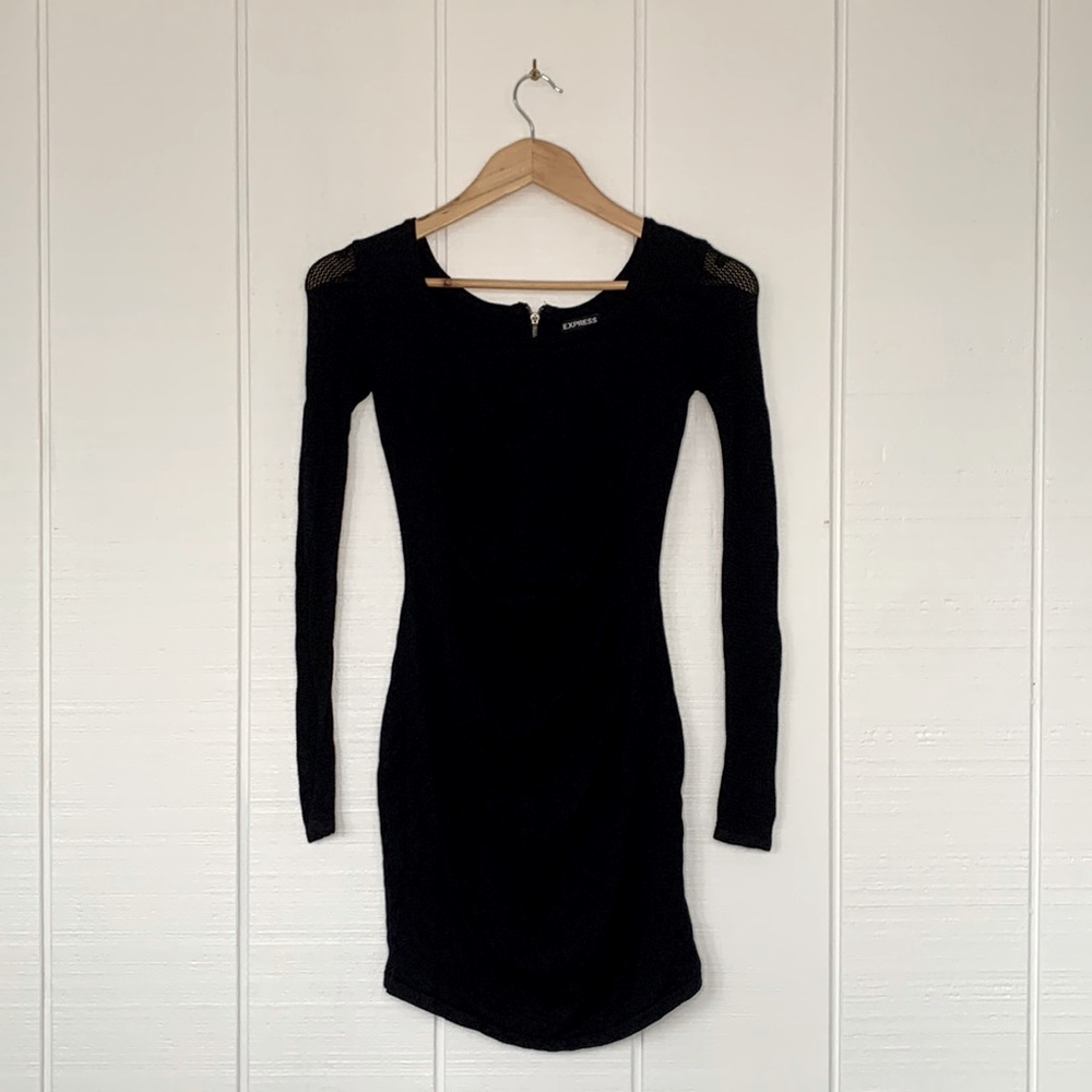 Express Black Mini Sweater Dress with Slight Ruching and Net Sleeves